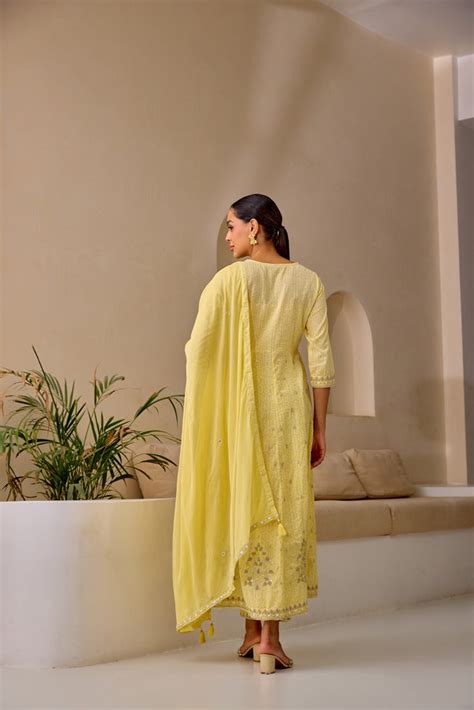 Neerus Yellow Curved Sequence Work Kurta And Trousers With Dupatta ...