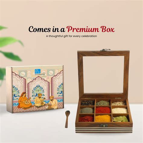 Hand Engraved Square Spice Box With Spoon In Sheesham Wood (9 Partitio ...