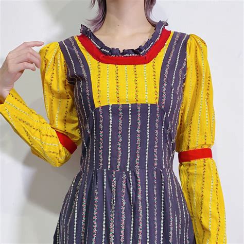 70s yellow and black flower printed cotton long dress【012】 | LEMON