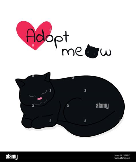 Adopt meow slogan with hand drawn lying black cat. Adopt a pet concept ...
