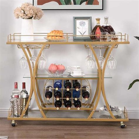 3 Tier Gold Bar Trolley With Glass Shelves Wine Rack – Decors Mantra