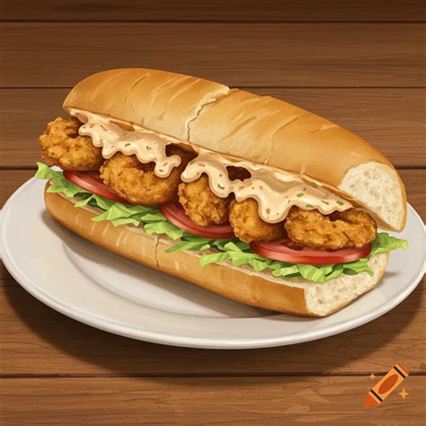 Fried shrimp po'boy sandwich on a plate on Craiyon