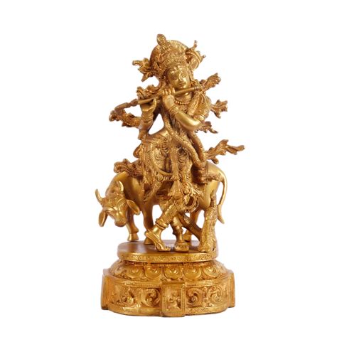 Buy Krishna with cow and Peacock Brass Statue 12 inch - Budhshiv.com