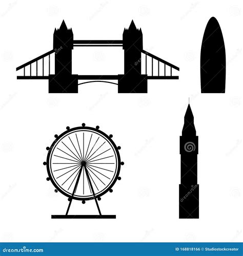 Silhouettes of London Famous Landmarks Isolated on a White Background. Flat Style Editorial ...