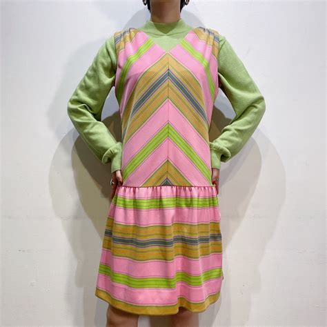 70s pink and green stripe sleeveless dress | LEMON