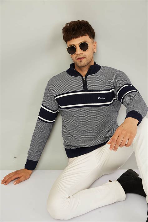 MENS HALF ZIPPER STRIPES SWEATER