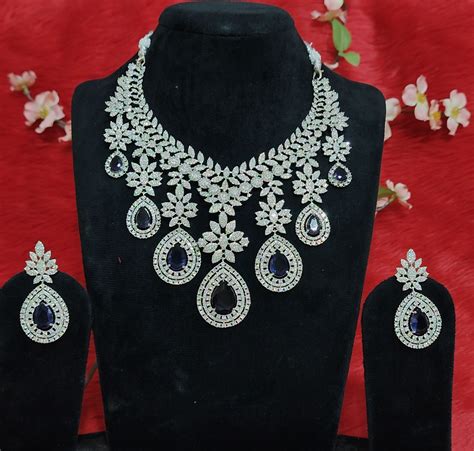 Exquisite Royal Blue Stone American Diamonds Choker Necklace Set ...
