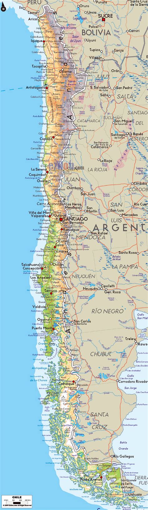 Detailed physical map of Chile with roads, cities and airports | Chile ...