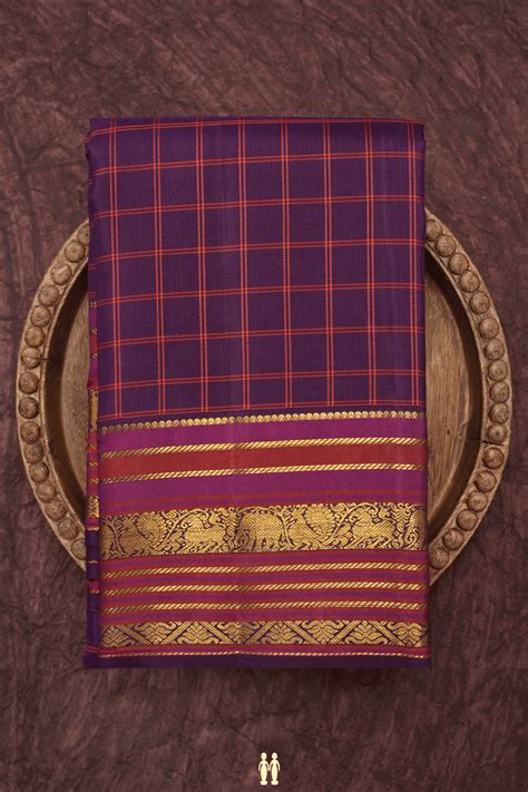 Checks Design Deep Purple Kanchipuram Silk Saree – Sundari Silks