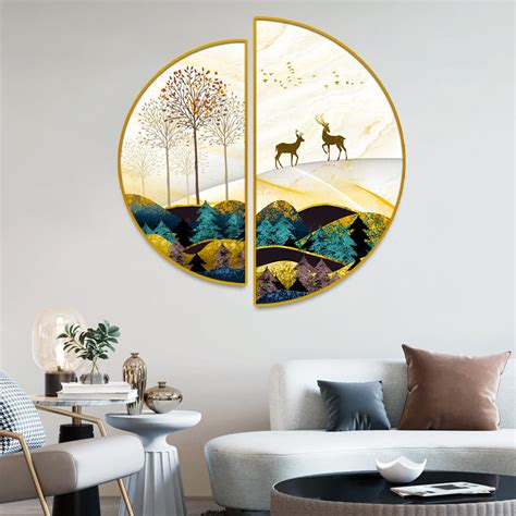 Semi Circle Golden Trees With Birds And Deer Wall Paintings & Arts ...