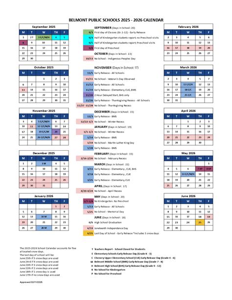 Belmont Public Schools Calendar 2025-2026 [Elementary]