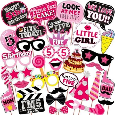 WOBBOX Fifth Birthday Photo Booth Party Props Pink for Baby Girl, 5th ...