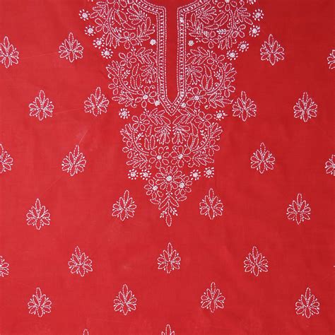 Seva Chikan Hand Embroidered Red Cotton Lucknowi Chikankari Unstitched