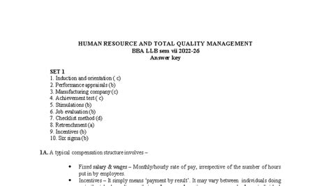 HRM & TQM BBA LLB Sem VII Answer Key Set 1 - Studocu