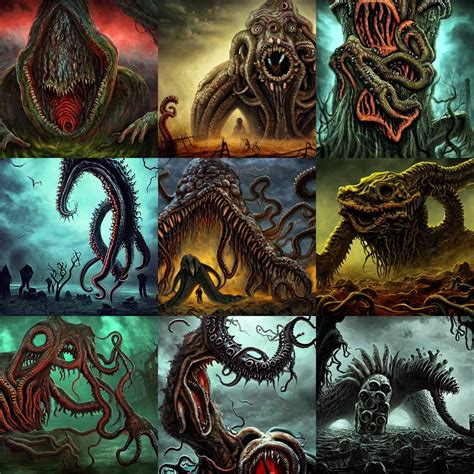 lovecraftian monster devouring villagers, horror, | Stable Diffusion