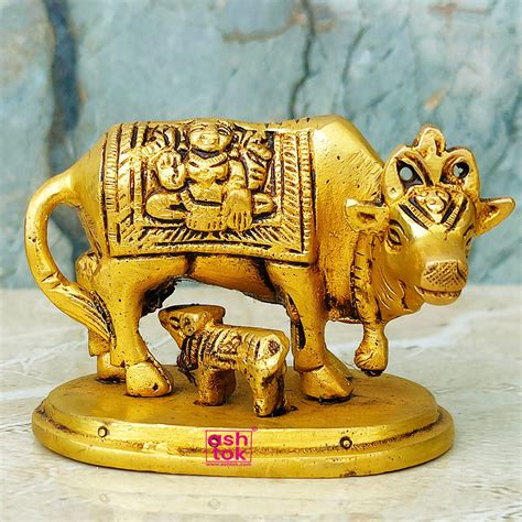 Brass Cow Calf, Kamdhenu Cow with Calf, Decorative for Puja Room – Ashtok
