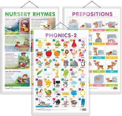 GO WOO Pack of 3 NURSERY RHYMES, PREPOSITIONS and PHONICS - 2 charts ...