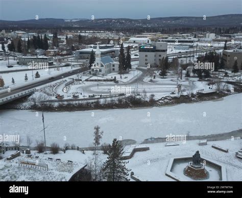 An aerial view of Fairbanks on a cold winter day, Alaska, the United ...