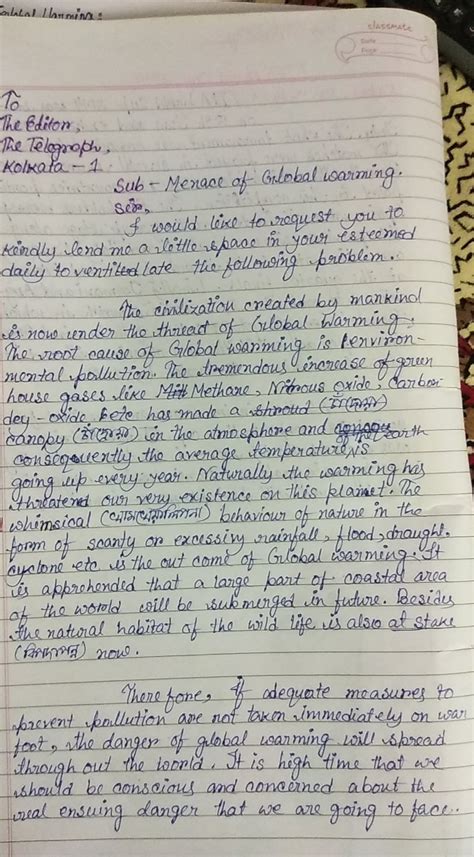 Letter to the editor on global warming with format - Brainly.in