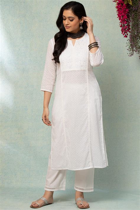 Buy White Handcrafted Straight Cotton Kurta for Women | FGMK20-04 ...