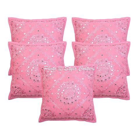 Buy Stylo Culture Cotton Baby Pink Cushion Covers 16 inch Set of 5 ...