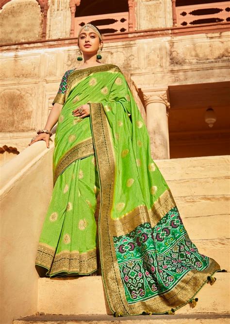 Lime Green Woven Traditional Patola Silk Saree With Embroidered Silk B ...