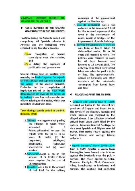 Summary Taxation During THE Spanish Period - SUMMARY: TAXATION DURING ...