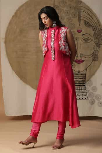 Buy Red Chanderi Silk, Crepe Diamonds, Embroidery Attached Jacket Kurta ...