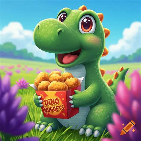 Cartoon green dinosaur holding a red box of Dino Nuggets in a grassy ...