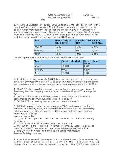 Cost Accounting Test 1 - Profit Calculation and Analysis - Studocu