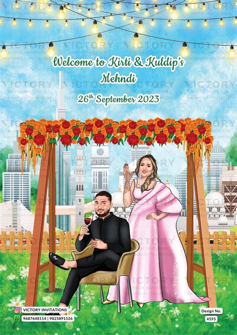 Royal couple caricature welcome standee of Mehndi ceremony in English ...