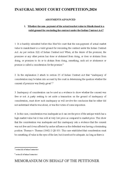 Memorial of plaintiff - ARGUMENTS ADVANCED 1. Whether the non- payment ...