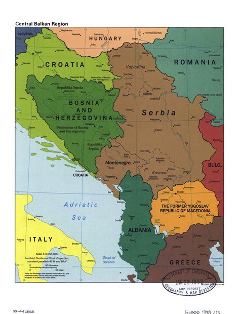 Large political map of Central Balkan Region with marks of capitals, large cities and names of ...