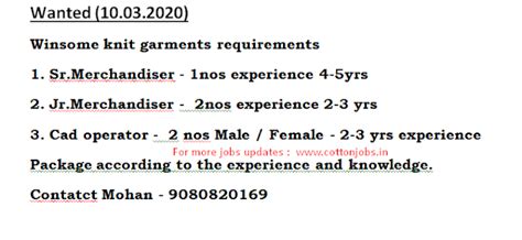 Wanted for Winsome knit garments (Tirupur jobs ) Post: 10.03.2020