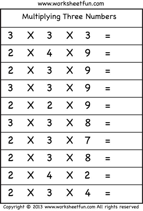 Multiplying 3 Numbers – Three Worksheets / FREE Printable Worksheets – Worksheetfun