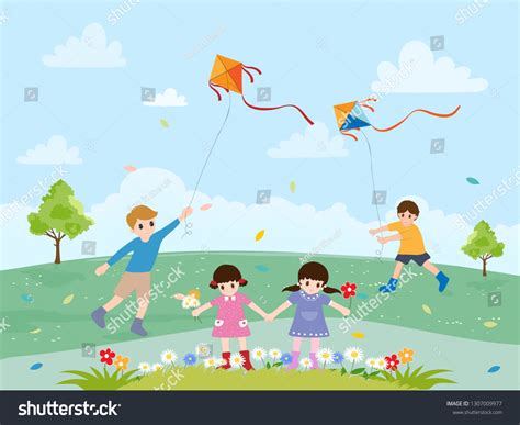 Cute Cartoon Four Kids Flying Kites: vector de stock (libre de regalías ...