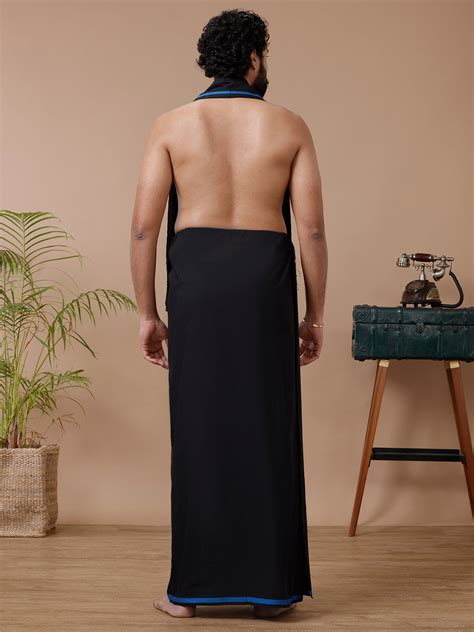 Men Cotton Blend Single Layer Black Dhoti & Towel Set with Blue Big ...