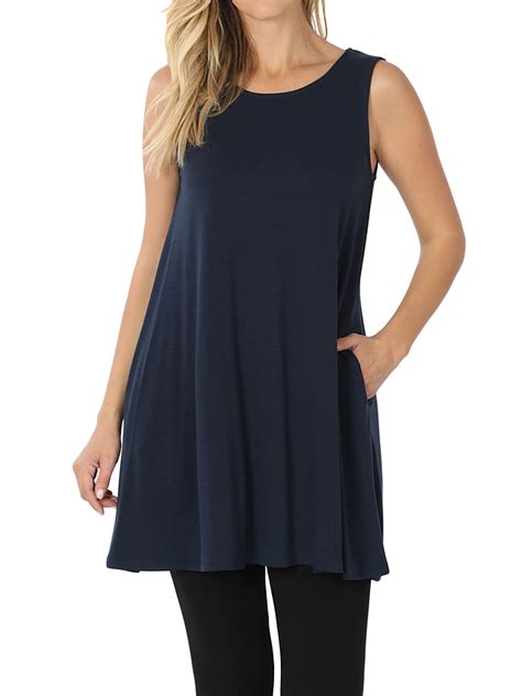 Women Round Neck Sleeveless Flowy Tunic Top with Side Pockets (Midnight ...