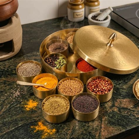 Brass Pital Masala Box - Etched Masala Dabba