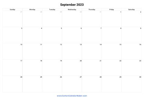 September 2023 Landscape Calendar With Large Boxes | Custom Calendar Maker