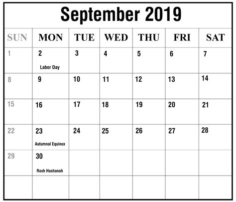 2019 September Calendar