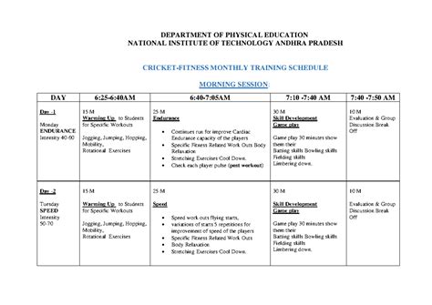 Cricket Monthly Training Schedule - DEPARTMENT OF PHYSICAL EDUCATION ...