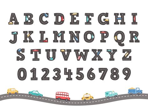 Road alfabet grappige letters en cijfers met handgetekende vrachtwagens ...