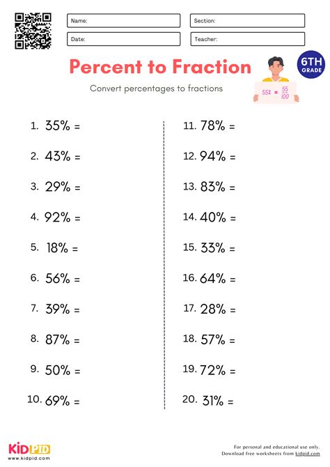 Percent to Fraction Math Worksheet for Grade 6 - Kidpid