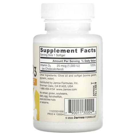 Jarrow Formulas, Vitamin D3, Cholecalciferol, 25 mcg (1,000 IU), 200 Softgels