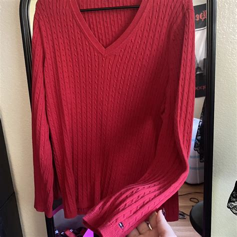 tommy hilfiger red v neck sweater ️🎁 worn a few... - Depop