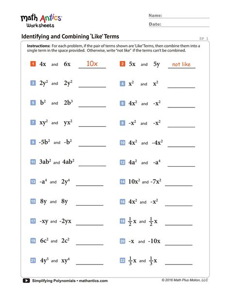 Combining Like Terms Printable Worksheets - Download & Print Free ...