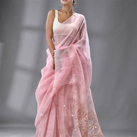 Light Pink Thoka Silk Linen Handwoven Jamadani Saree – Tamal Boutique