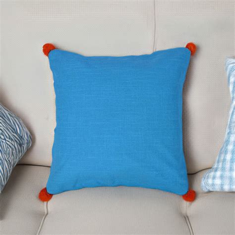 Buy Solid Cotton 16" x 16" Pom Pom Cushion Cover (Blue & Green) Online ...