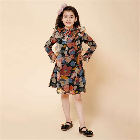 Shop Online Girls Multi Coloured Floral Print Full-Sleeve A-line Cotton ...